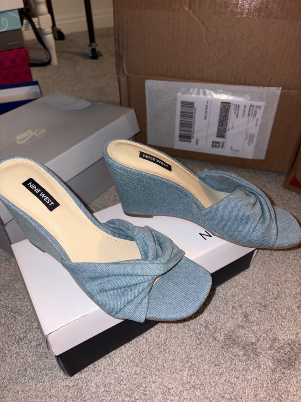 Nine West Light Blue Denim Knot Front Wedge Sandals